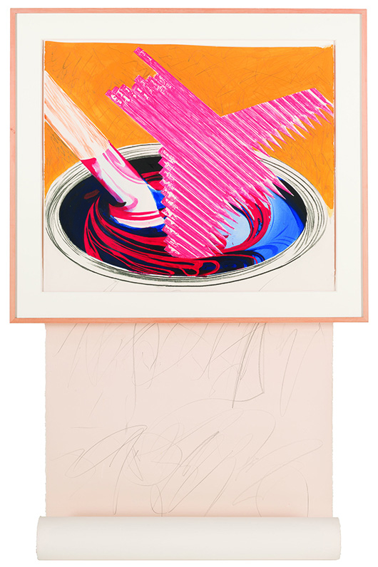 James Rosenquist, ‘Drawing on a Label, 1989, acrylic, pastel, pencil, charcoal, scroll of paper, and dirt on paper, 44 7/8 x 39 1/2 inches frame. Collection Perez Art Museum Miami, gift of Holding Capital Group Collection. Copyright James Rosenquist/Licensed by VAGA, New York, Photo: Sid Hoeltzell.
